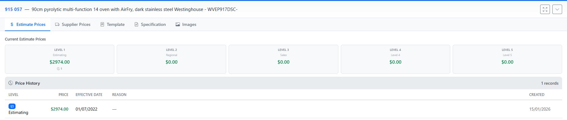 DBx BOQ Desktop - Catalogue browser showing multiple price levels and supplier pricing