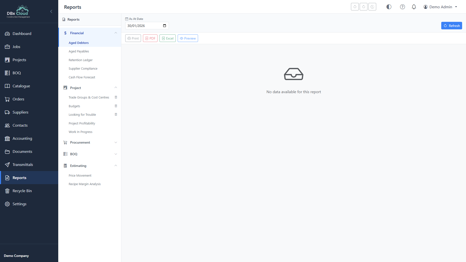 DBx BOQ Desktop - Report generation with PDF and Excel export options